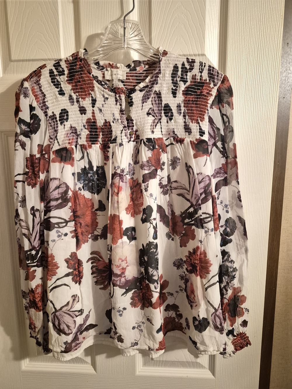 Lucky Brand White Floral Smocked Yoke Blouse